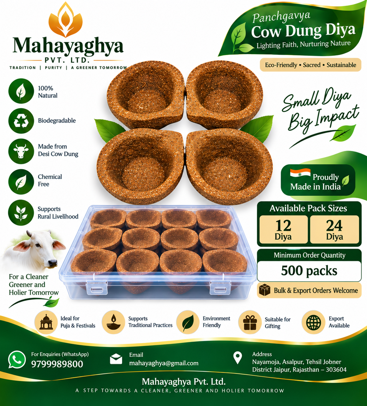 Mahayaghya Panchgavya Diya – Natural Cow Dung Diya | Eco-Friendly Diya for Puja, Diwali, Festivals & Gifting